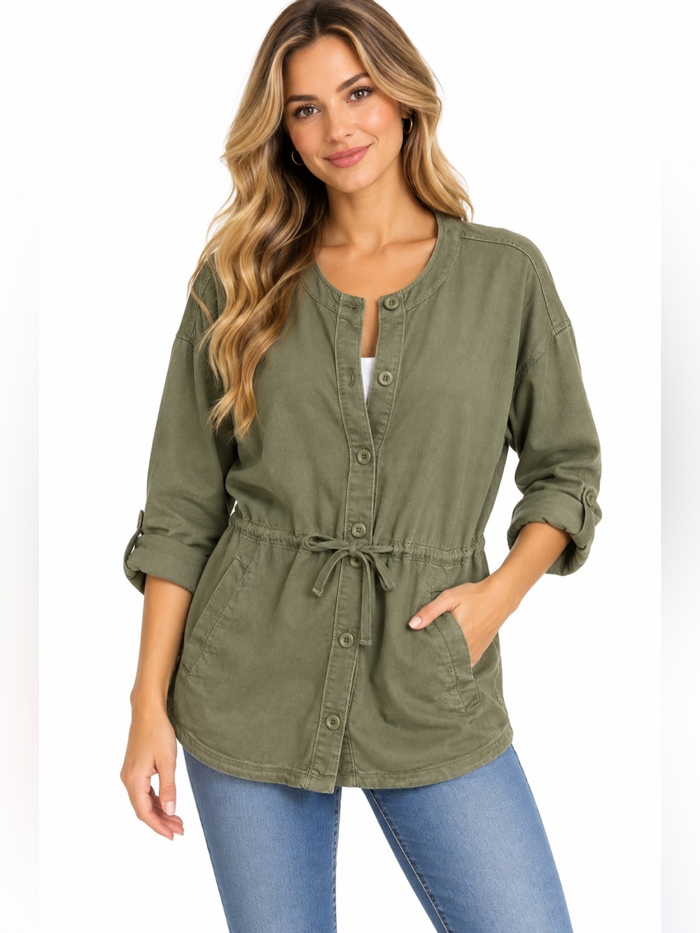 Eileen Fisher Size XL 100% Organic Cotton Olive Drawstring Utility Jacket
